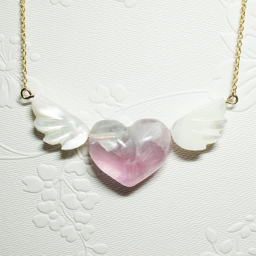 《えびあ作品》ピンク&ライトグリーンフローライト Baby Angel Heart ネックレス B　メキシコ産