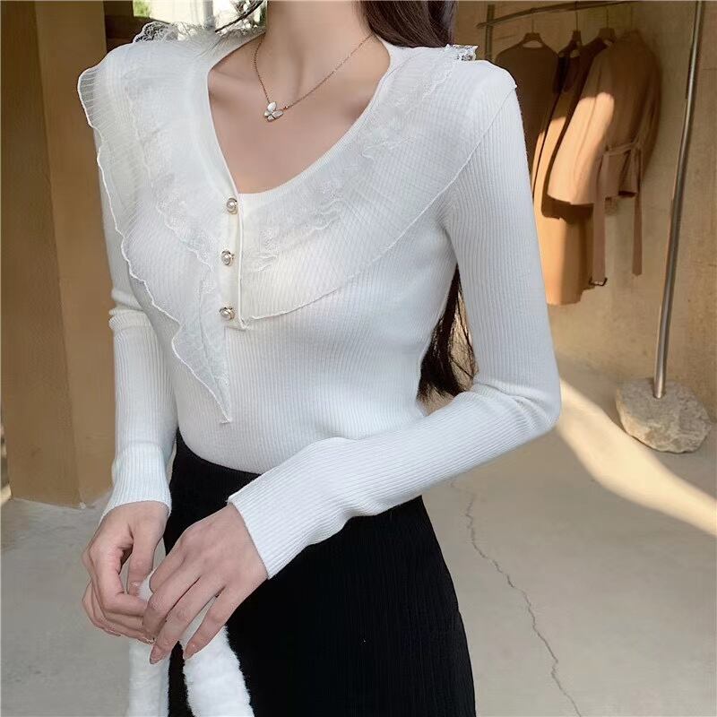 パールボタン　レースフリルリブニット　　AJ111-887