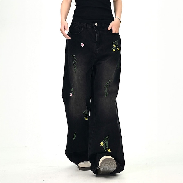 フラワーリーフステッチデニムパンツ 2col R01020