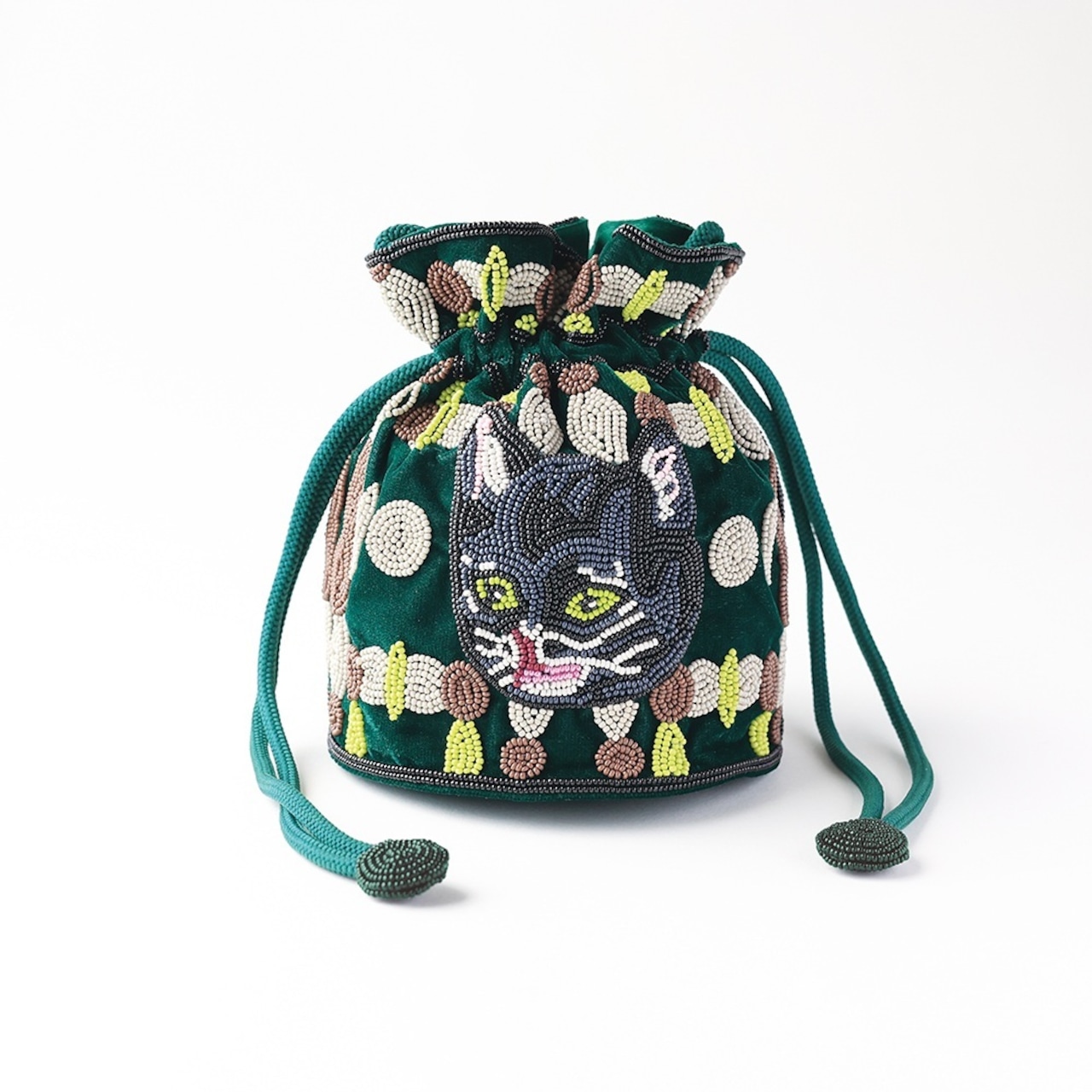 Nathalie Lete Beaded Drawstring Bag Black cat ナタリーレテ ガラスビーズポーチ Black cat