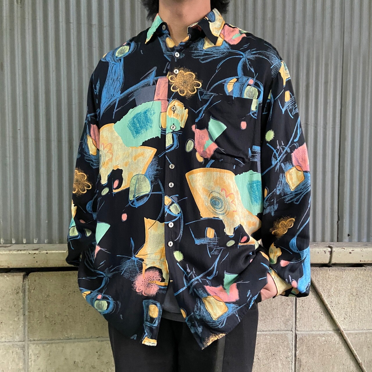 STUDIO LEONARDO 長袖 レーヨン デザイン 総柄シャツ メンズL相当 古着 