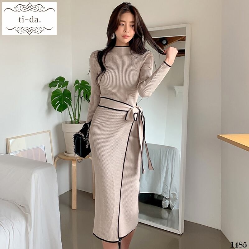 No 1485 韓国ワンピース きれいめワンピース 大人可愛いワンピース タイトワンピース ニットワンピース オフィスワンピース 3color Ti Da 韓国ワンピース専門店