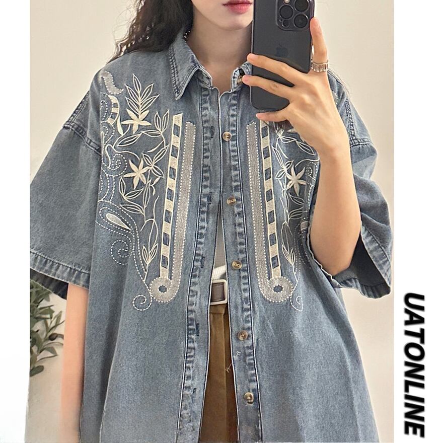 サブカル 服 地雷系 通販 春夏服 アメリカン ヴィンテージ風 レトロ 刺繍 デニム 半袖シャツ ストリート系