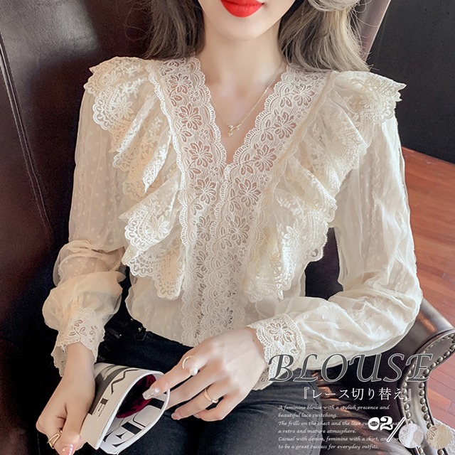 レース切り替え シャツブラウス フリル