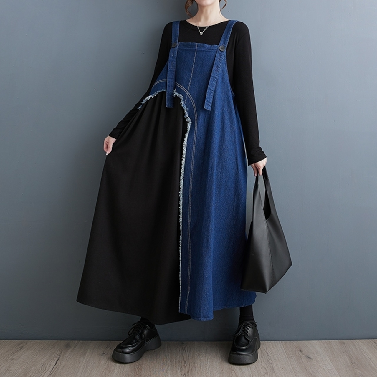 デニム切替 サスペンダー スカート 00006