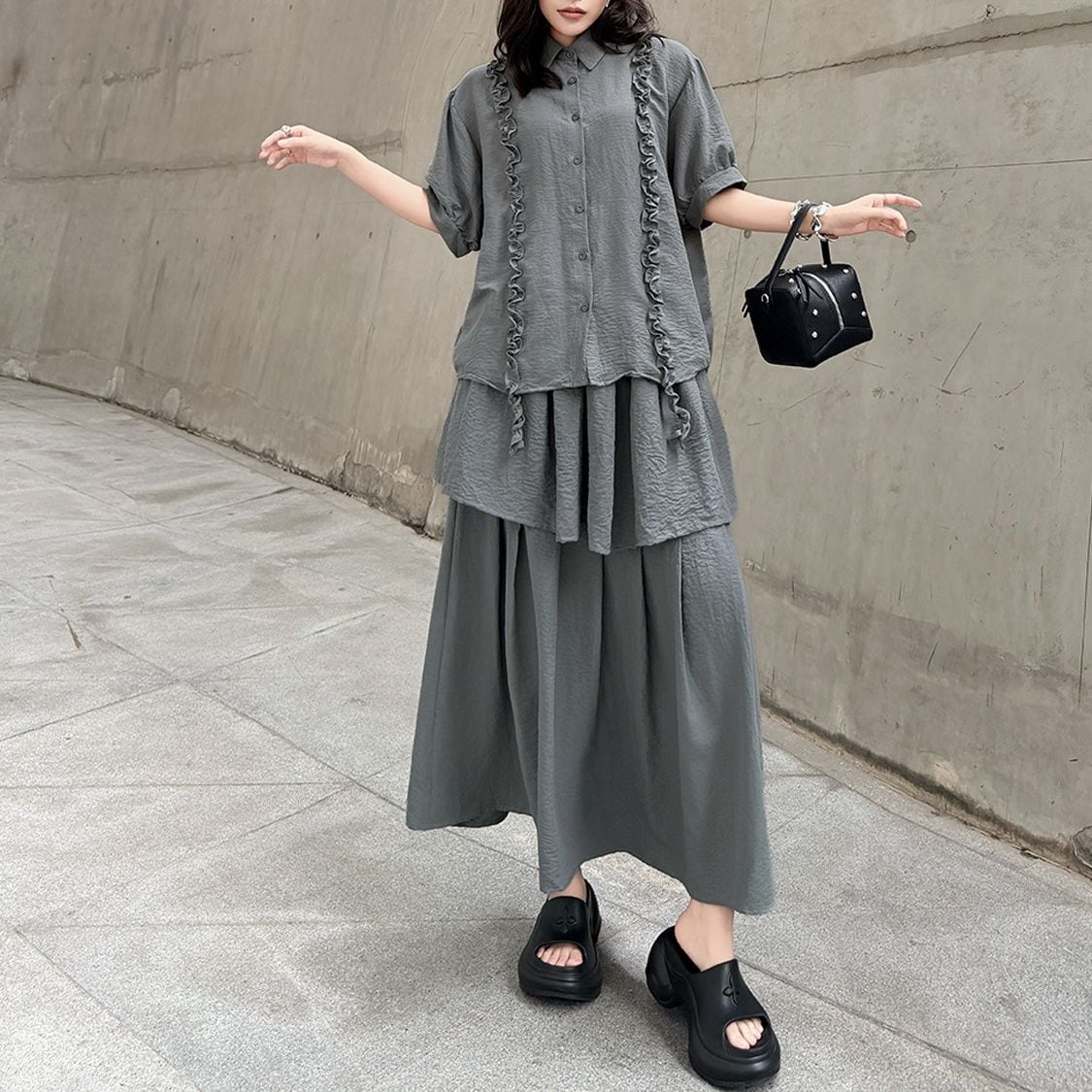 RUFFLED SHIRT AND FLOWY MIDI SKIRT SETUP M-17213