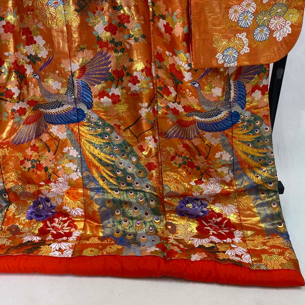 色打掛 正絹 鶴 刺繍 オレンジ 金 打掛 Lサイズ 裄67 花嫁衣裳 婚礼