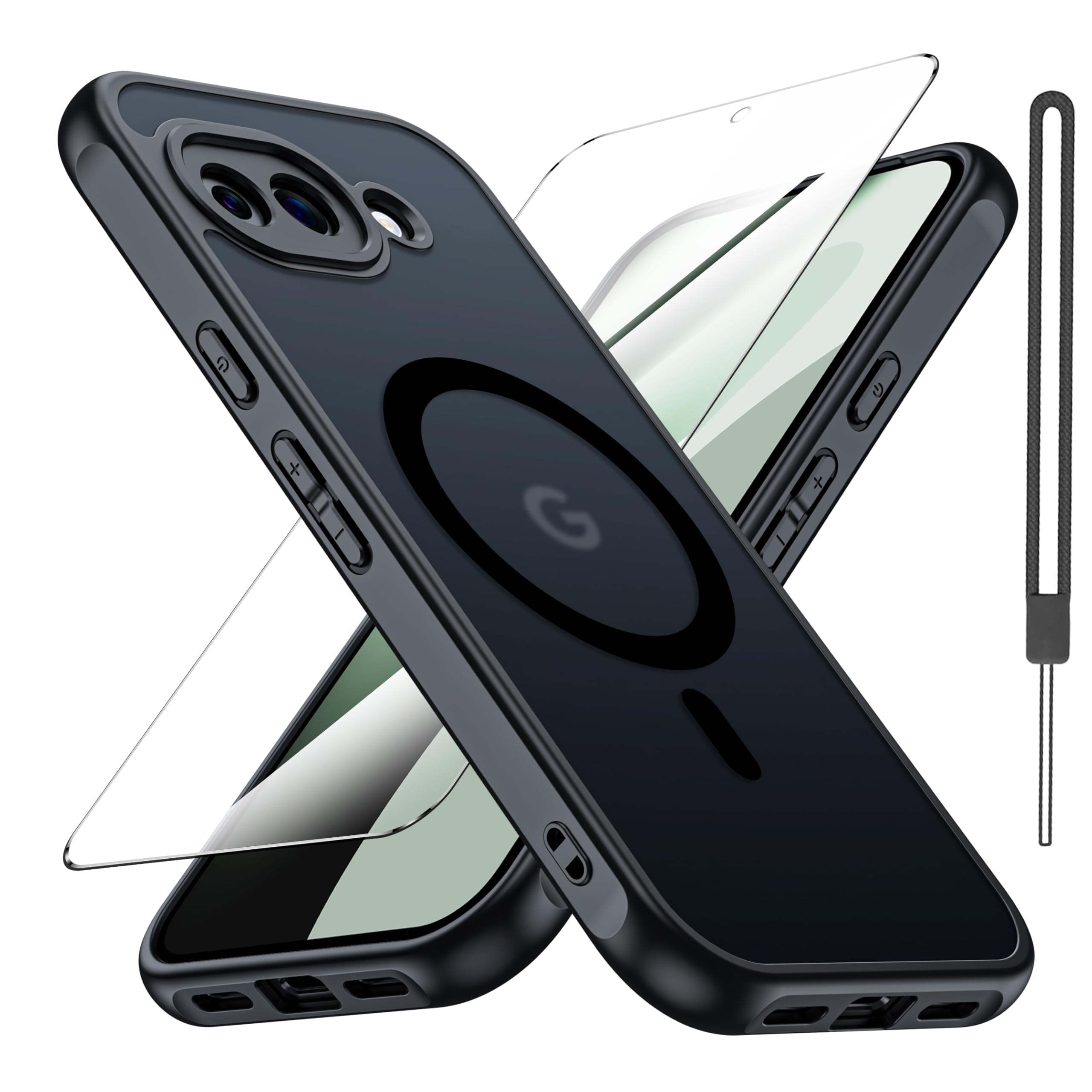for Google Pixel 10A 用 ケース【強化フィルム付き・MagSafe対応】米軍MIL規格 耐衝撃 ストラップ付き マット質感 半透明 指紋防止・黄ばみ防止 ワイヤレス充電対応 グーグルピクセル10a 用(ブラック)