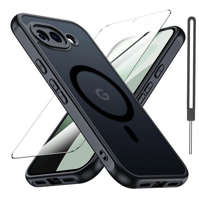 for Google Pixel 10A 用 ケース【強化フィルム付き・MagSafe対応】米軍MIL規格 耐衝撃 ストラップ付き マット質感 半透明 指紋防止・黄ばみ防止 ワイヤレス充電対応 グーグルピクセル10a 用(ブラック)