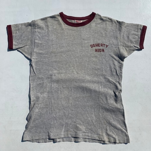 50's 60's WILTON ウィルトン リンガーTシャツ トリム 杢グレー エンジ DOHERTY HIGH カレッジ 染み込みプリント Mサイズ 希少 ヴィンテージ BA-971 RM1340H