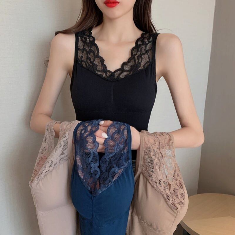 オータムウィンターベルベットバックスリムレースVネックノースリーブシャツ トップス 秋物 冬物 YY-ファッション86993356930