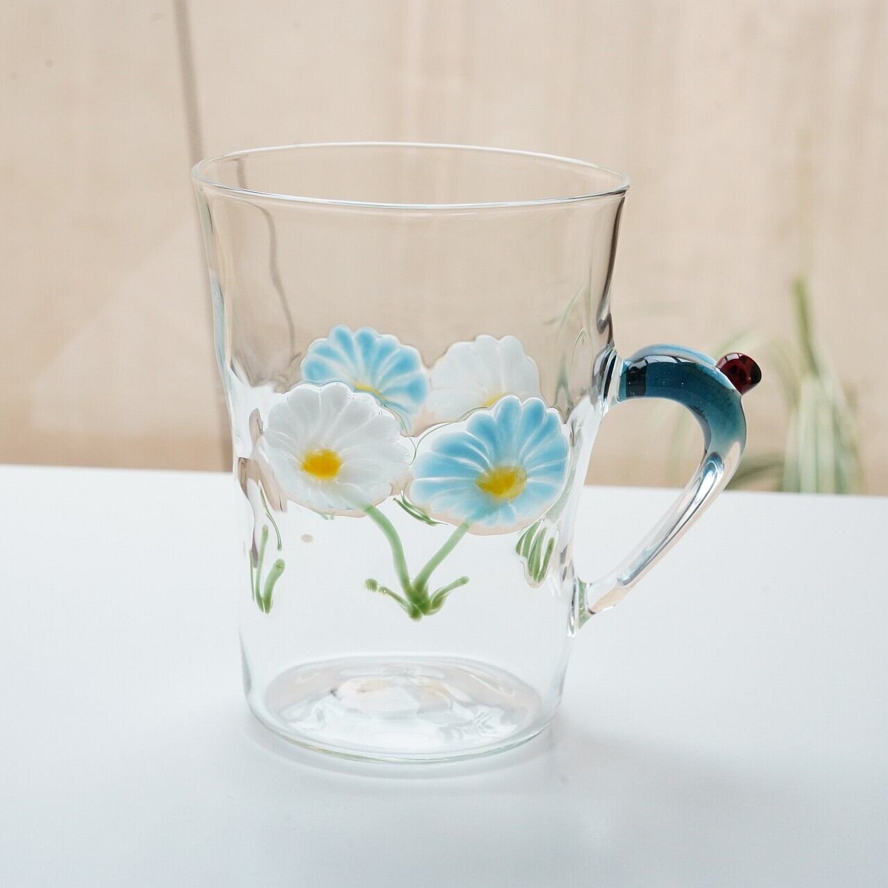 【竹川久仁子】耐熱ガラス 花マグカップ ブルー T-3-B