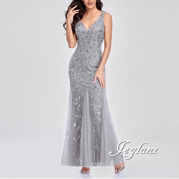 パーティ イブニングドレス 切替 チュール リーフ柄 ノースリーブ 5色(M7245)ζ