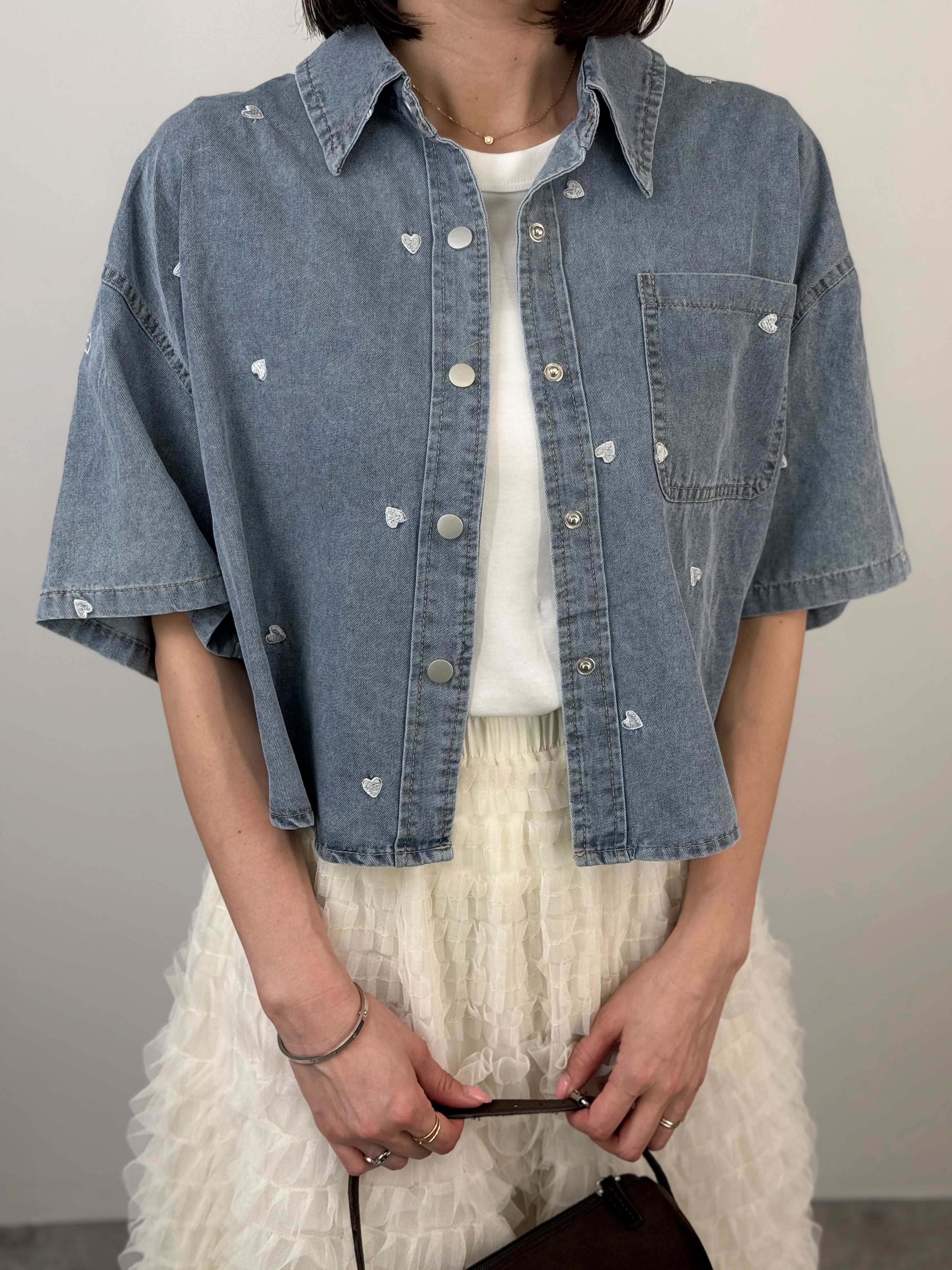 【早割6/5まで】ハート刺繍半袖ショートデニムジャケット