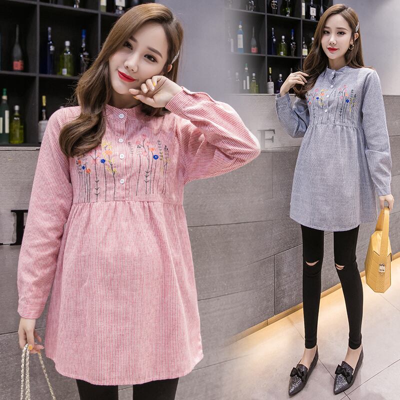 【新作】【送料無料】 マタニティ服妊娠中の女性の春のシャツコットンストライプシャツ女性の服春の服女性秋のトップ スプリング 春物 オータム 秋物 AL expec313742980656