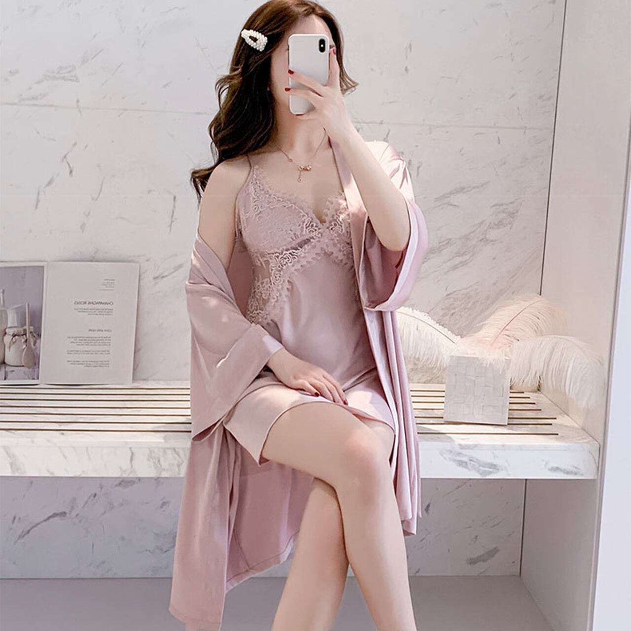 【2点 ドレス+コート】 ベビードール レース パジャマ ドレス ランジェリー XY-XE-2194