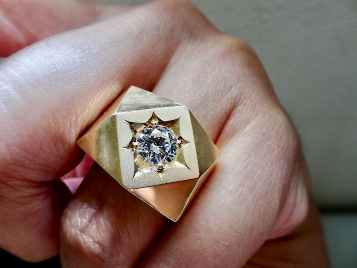 仁尾彫金『一つ星ジルコニア、ブロックゴールドリング』ハンドメイド 