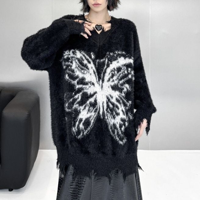 BATTERFLY PRINT V-NECK DAMAGED PULLOVER KNIT 3colors M-15299