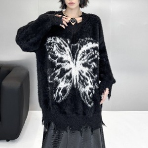 BATTERFLY PRINT V-NECK DAMAGED PULLOVER KNIT 3colors M-15299