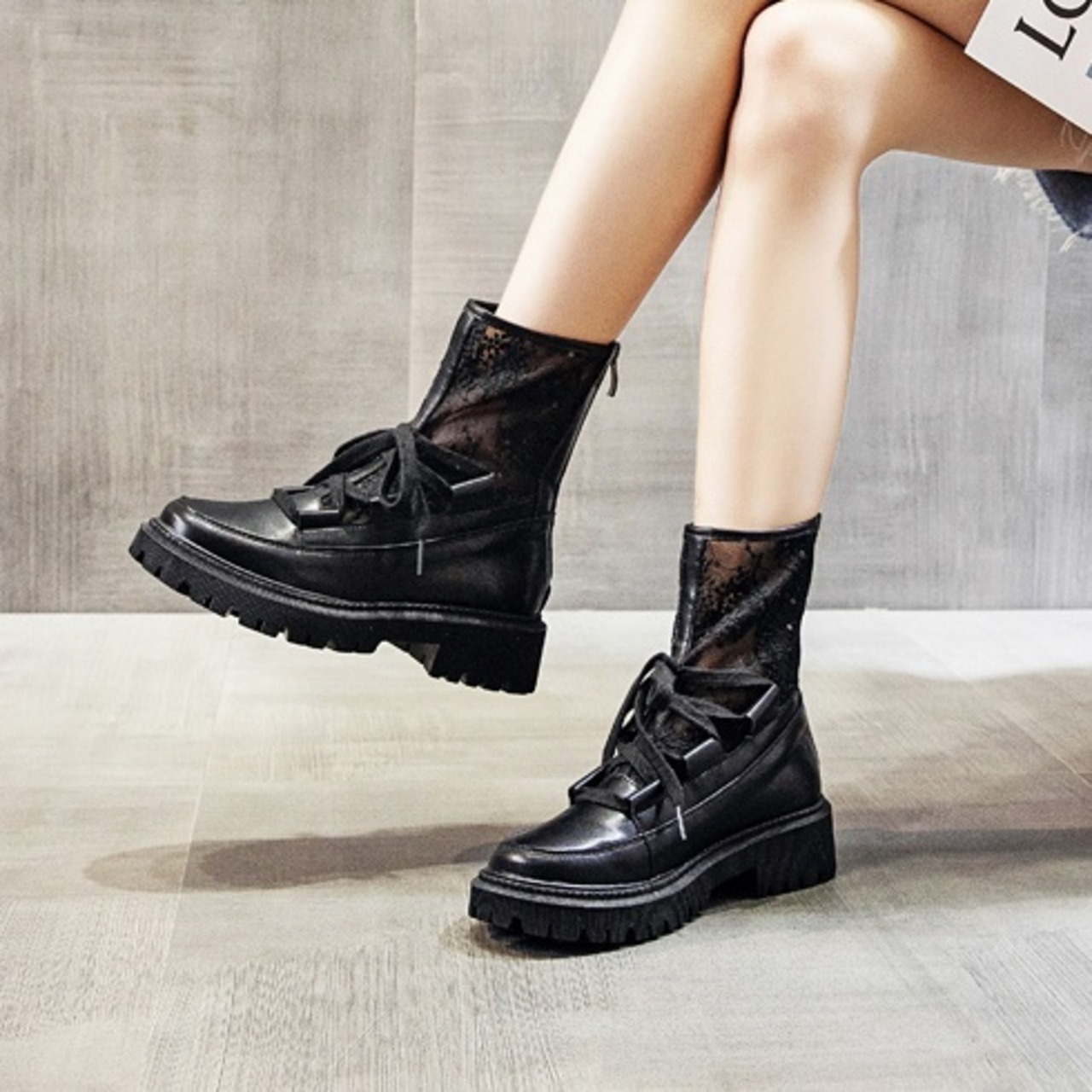 レースアップ メッシュ 厚底ブーツ 90015