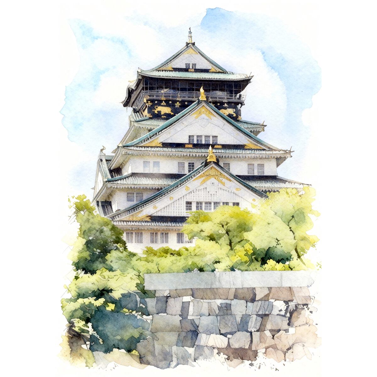絵画 風景画 日本の城 大阪城 インテリアアート額付き 水彩画・油絵風 WAT0985