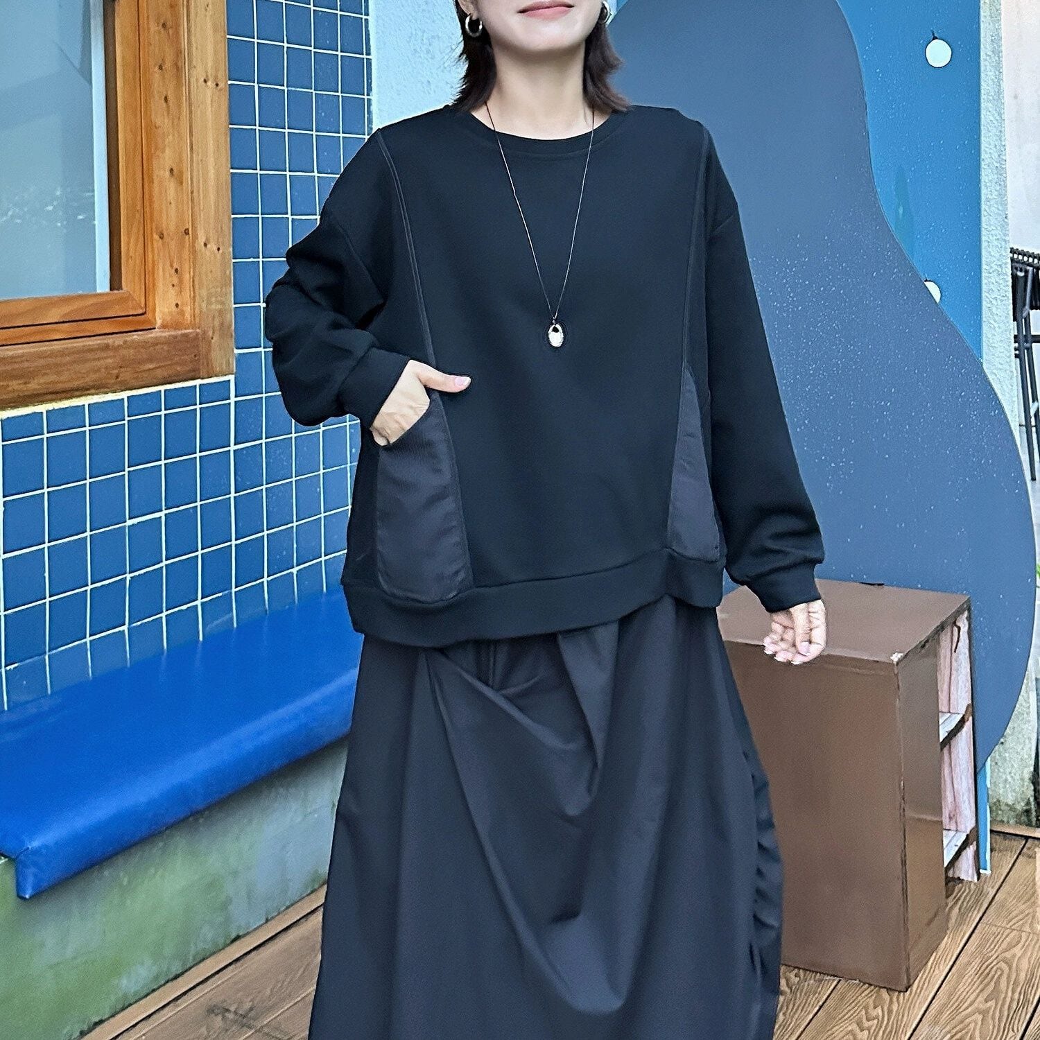 SOLID STITCH DESIGN POCKET ROUND NECK SWEAT SHIRT 3colors M-15222