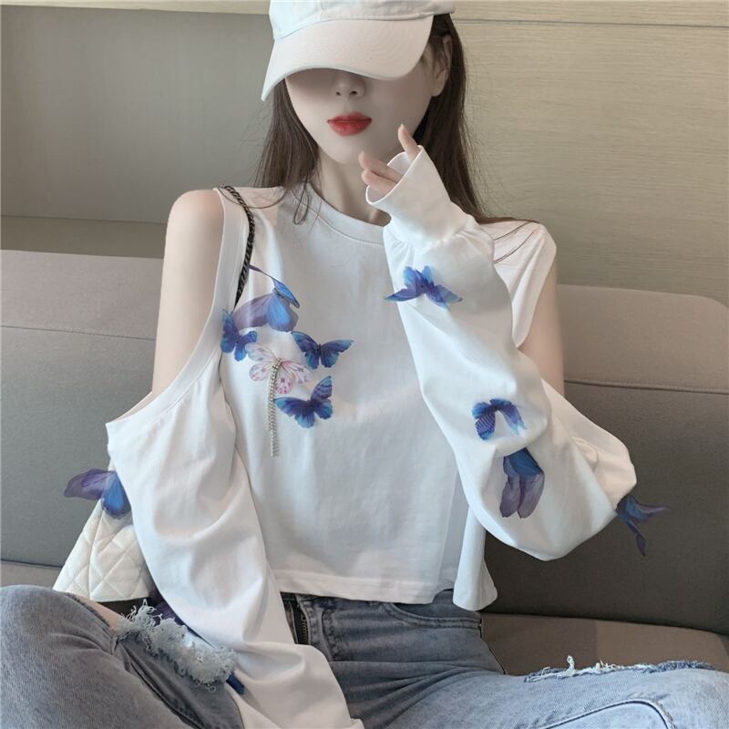 Tシャツ ショートストラップレスButterflyデザイン ルーズホワイトトップス スプリングオータム ロング 春物 秋物 ブラックストロベリース29465053398