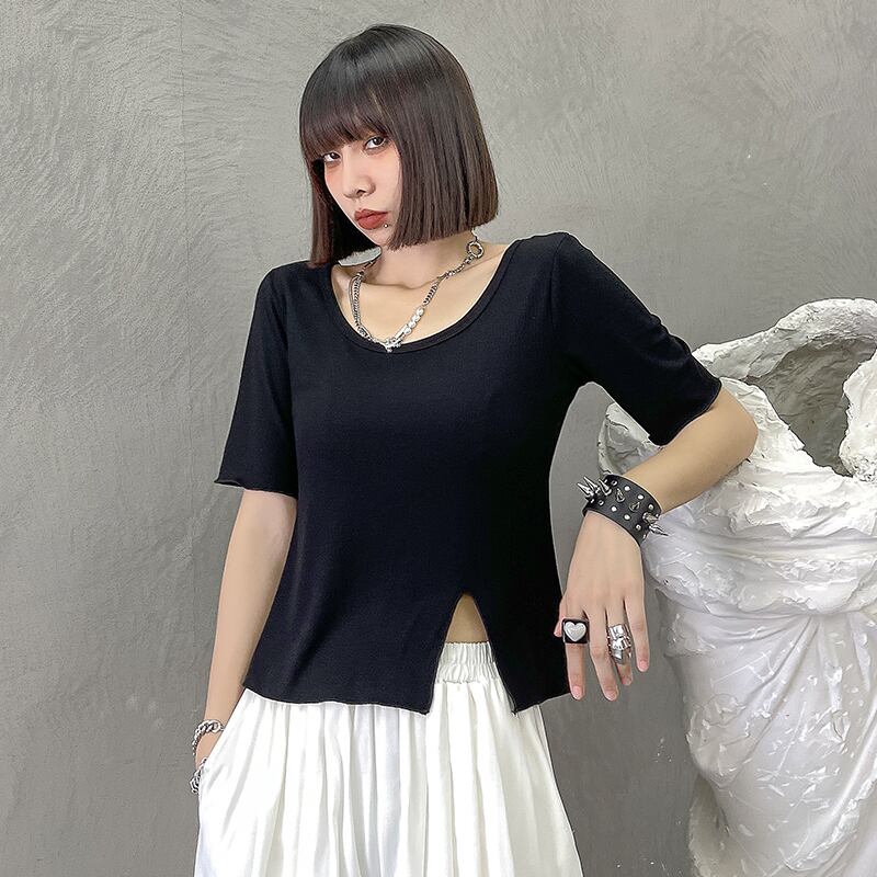 ショートトップス サマー薄手Tシャツ スリットスリムカジュアル 夏物 ラブタオタオダレンハウス29682626313