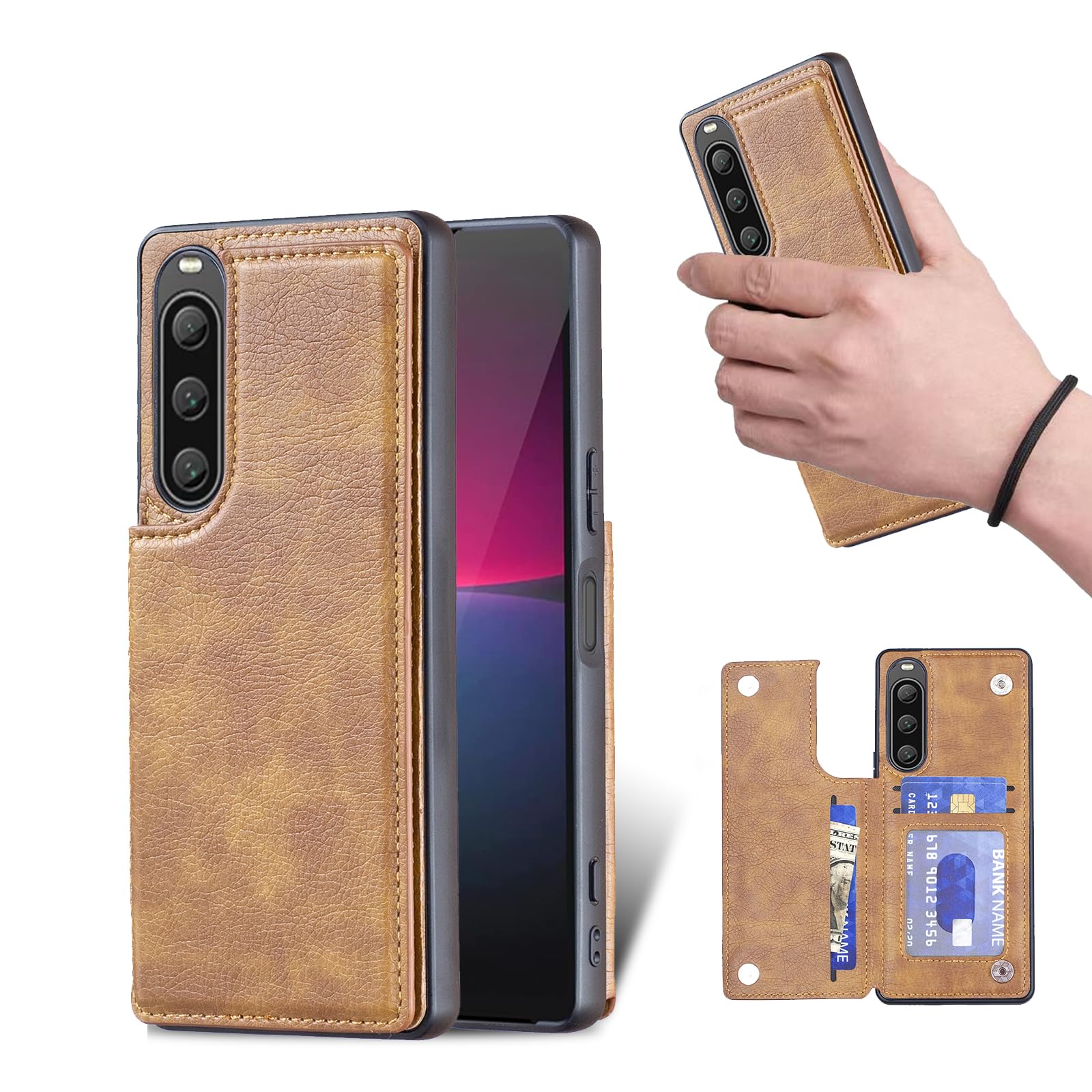 for Xperia 10 V エクスぺリア10 V SO-52D SOG11 ケース スタンド機能 ケース ICカード収納 カード 背面カード収納 左と右の電話ケースを反転、シンプルなレトロなファッション、防水と防汚電話ホルダー、多機能財布収納付き、PUレザー、TPUソフトインナー