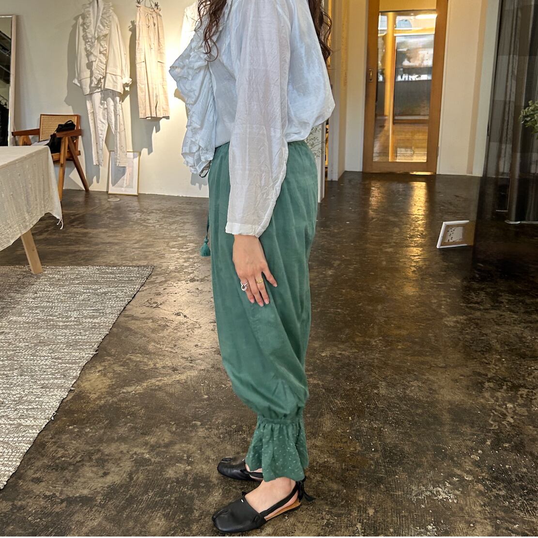 BUNONシルクパンツ BUNON(ブノン) EMBROIDERY GATHER PANTS コットンシルク 裾フリル
