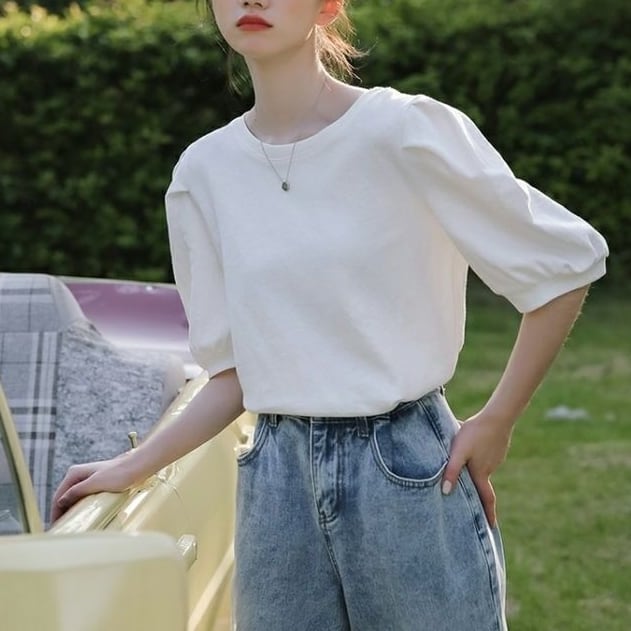 トップス レディース Tシャツ カットソー 半袖 2色 パフスリーブ クルーネック 切り替え タック かわいい 大人可愛い きれいめ シンプル カジュアル おしゃれ おとな ナチュラル こなれ感 ラブリー キュート ガーリー レトロ 華やか ボーダー 通勤 学生 通学 デート お出かけ 女子会 カフェ巡り 街歩き ゆったり 春 夏 10代 20代 30代 ママ 着回し 普段使い コーデ モテ ホワイト パープル 送料無料