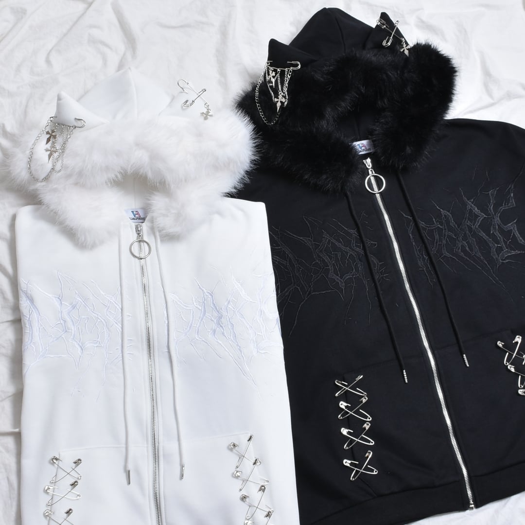 2/20新着】サブカル刺繍☆ネコ耳フードファーZIPパーカー