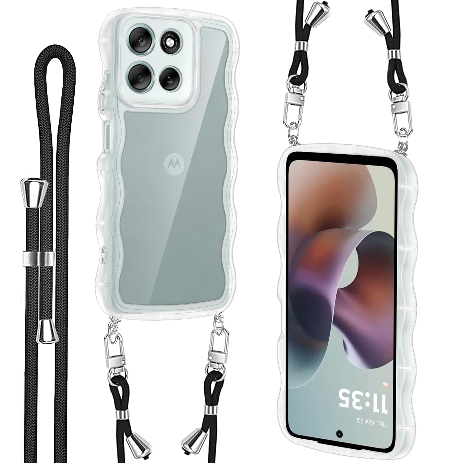 Motorola Moto G66J/G66Y/G56 5G ケース ショルダー ストラップ1枚付き 紐付き 首掛け 肩がけ 斜め掛け 長さ調整可能 韓国人気 可愛い ウェーブケースクリア ストラップホール付き 耐衝撃 シリコン 透明TPU バンパー 超軽量 柔らかい 極薄 透明 黄ばみなし 滑り止め モトローラ モト g66j・クリア