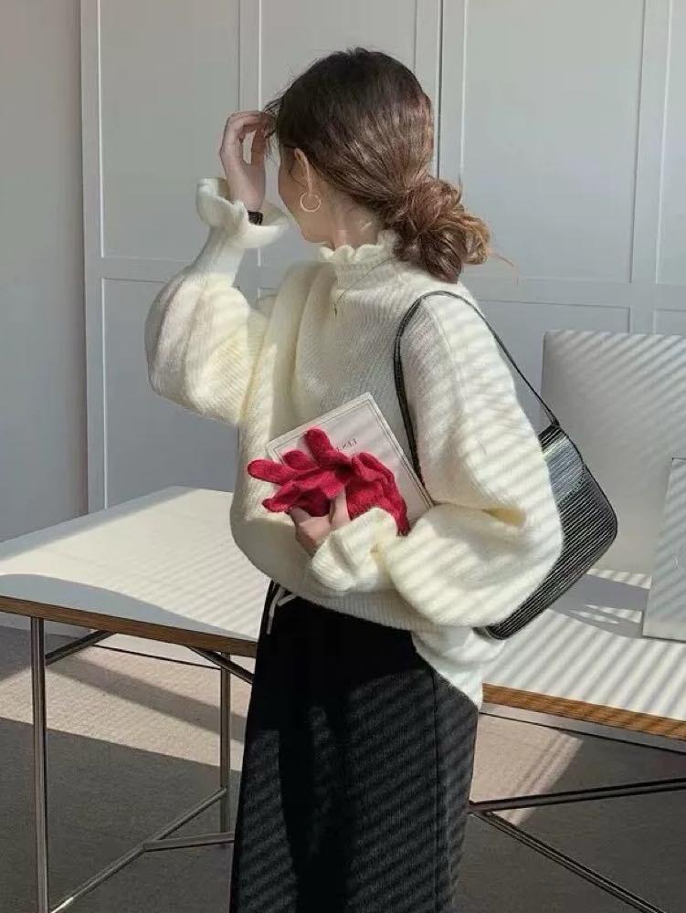 上品フリルで魅せる大人フェミニン フリルニットプルオーバー フリル お洒落 着映え 大人可愛い 上品 カジュアル ガーリー きれいめ オフィス 細見え 大きいサイズ 韓国 CH10308