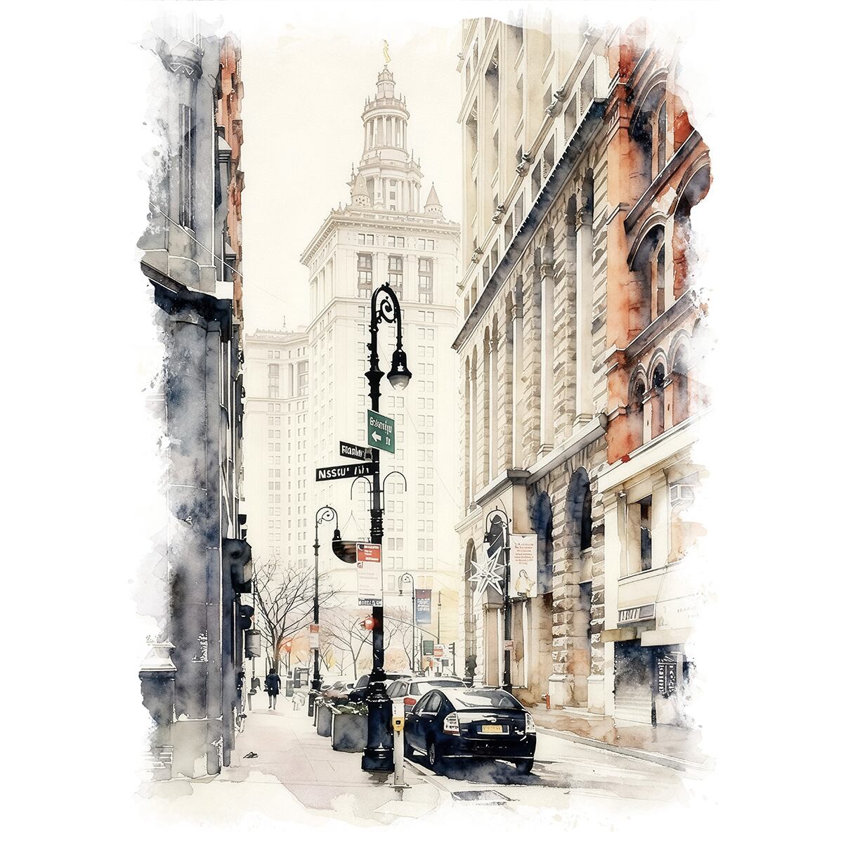 絵画 風景画(街並み) アメリカ サンフランシスコ デイビッド・N・ディンキンス市庁舎 インテリアアート額付き 水彩画・油絵風 WAT1013