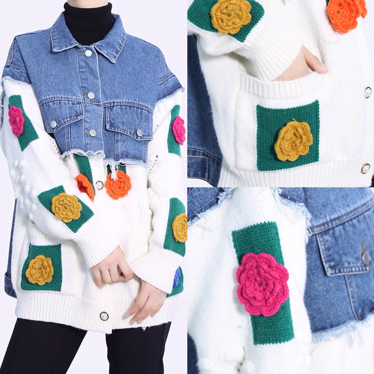 ジャケット ニット 花柄 フラワー 刺繍 カラフル ピンク 薔薇 