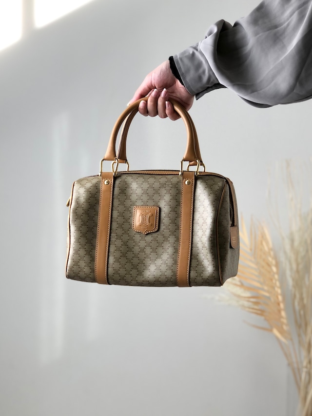 CELINE セリーヌ マカダム ハンドバッグ ベージュ ブラゾン型押し PVCレザー ミニボストン キーポル vintage ヴィンテージ オールド ywgrnv