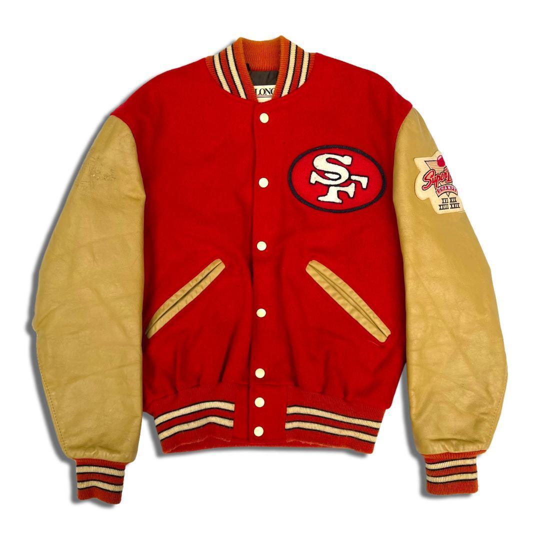 90s USA製 Delong NFL 袖レザーウールスタジャン 38 M相当 レッド×タン スタジアムジャケット サンフランシスコ 49ers 古着  アメカジ ストリート アワードジャケット