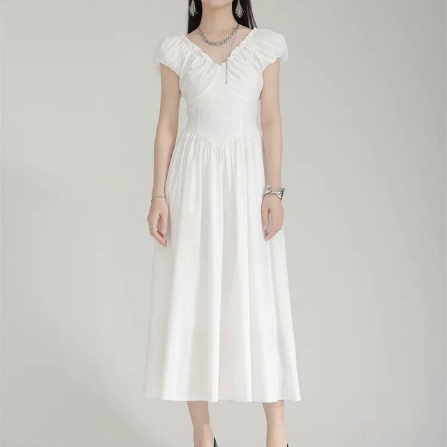 Vネックプリーツワンピース　A0362