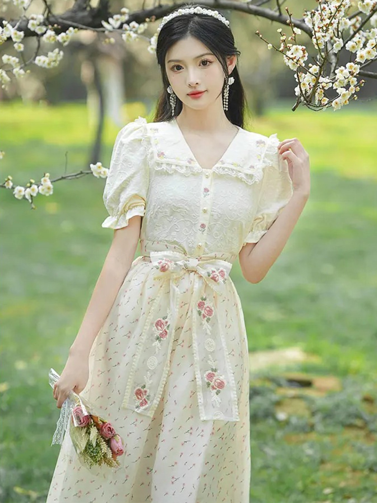 【0202】Lace Shirt Floral Skirt Short Sleeve 2 Piece Set