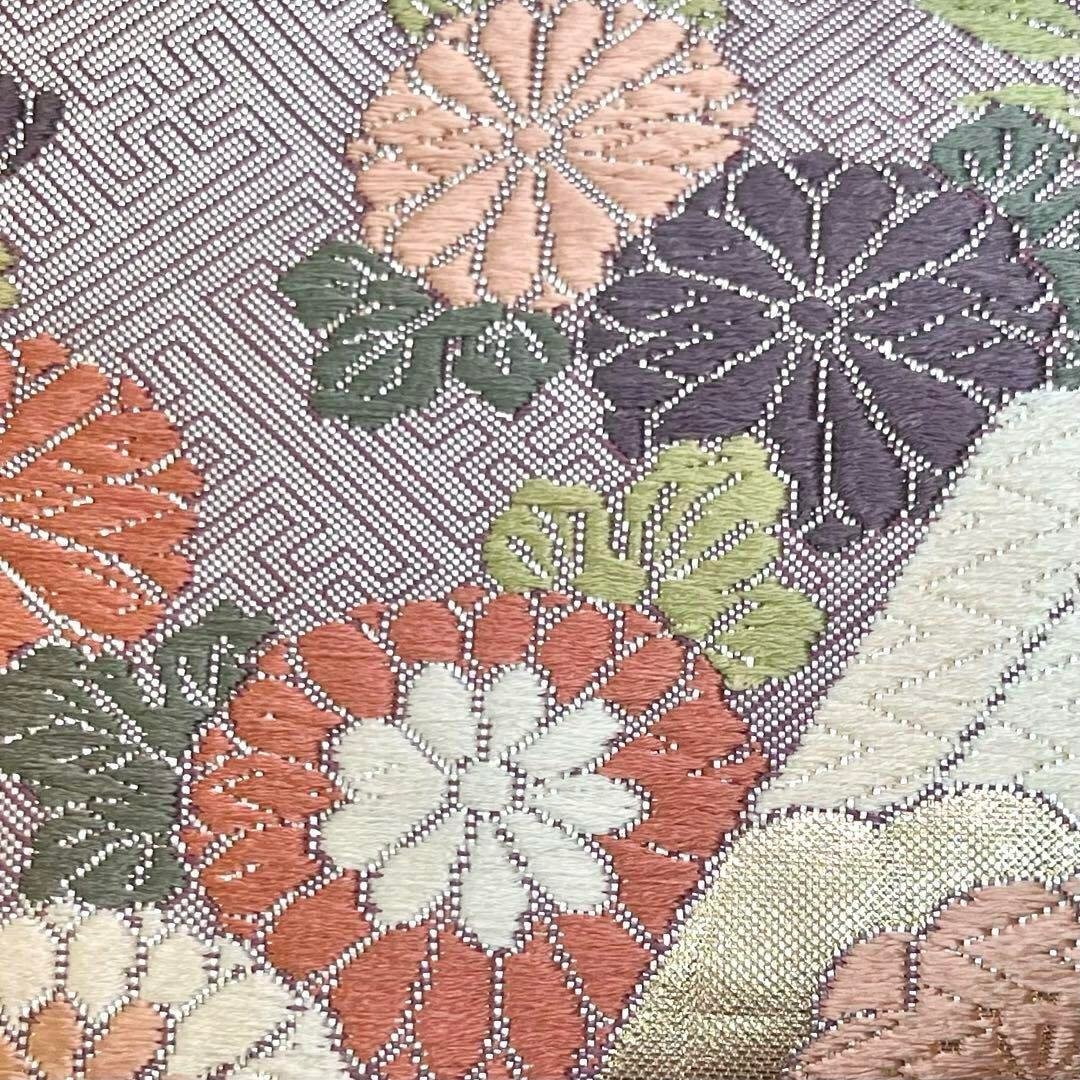 袋帯 唐織 扇子に四季の花模様 紗綾形 金銀糸 白百合色 O-3855  