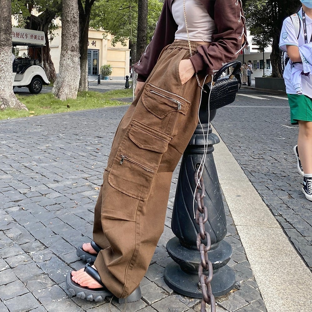 韓国通販 dgo】ユニセックス ストレート カーゴパンツ ダークブラウン