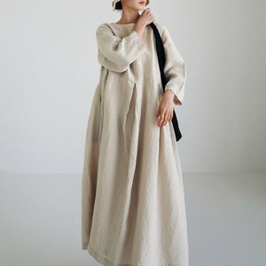 ワンピース 長袖 ロング丈 綿麻 コットン リネン ライトベージュ カーキ 春夏 aライン きれいめ レディース  ロング  韓国 通勤 ゆったり ママ 20代 30代 40代 50代 60代 ナチュラル パーティー かわいい 上品 保護者会 無地 オフィスカジュアル ふわり ガーゼ 袖あり 低身長 OP-0070KM