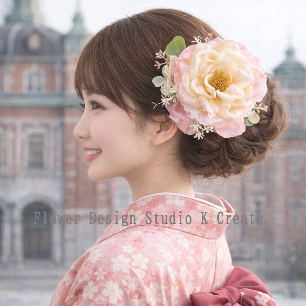 成人式・卒業袴・発表会に♡クリームピンクの薔薇と紫陽花のヘアクリップ 髪飾り 薔薇 クリーム ナチュラル ダンス 髪飾り