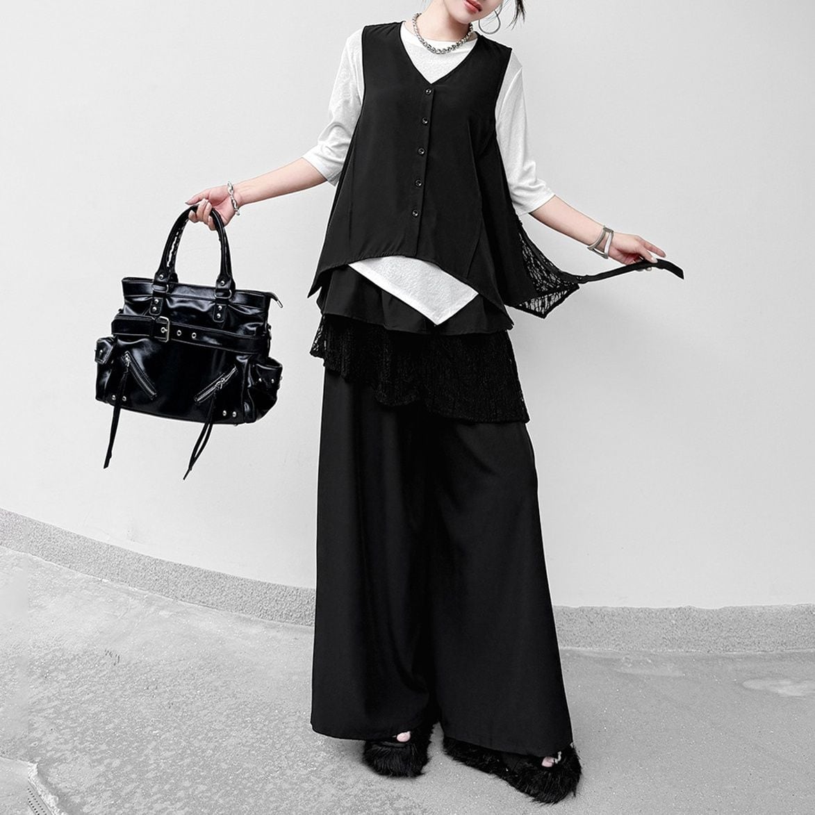 LACE PANEL VEST AND WIDE LEG PANTS SETUP M-17948