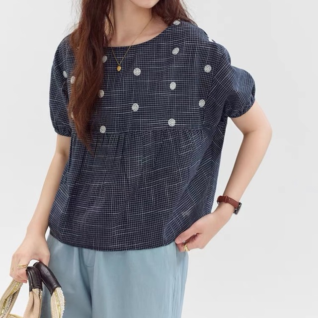 水玉刺繍チェックプルオーバー F4118