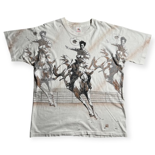 90s "fruit of the loom” all over pattern Cowboy t-shirts / "フルーツオブザルーム” 総柄 カウボーイ 袖裾シングル Tシャツ