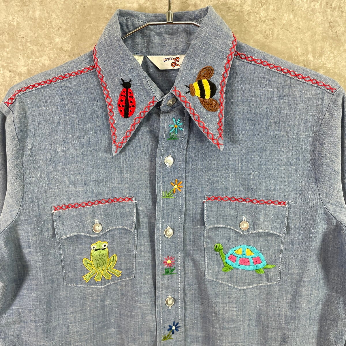 70年代 USA製 Levi's リーバイス 手刺繍デザイン シャンブレーシャツ