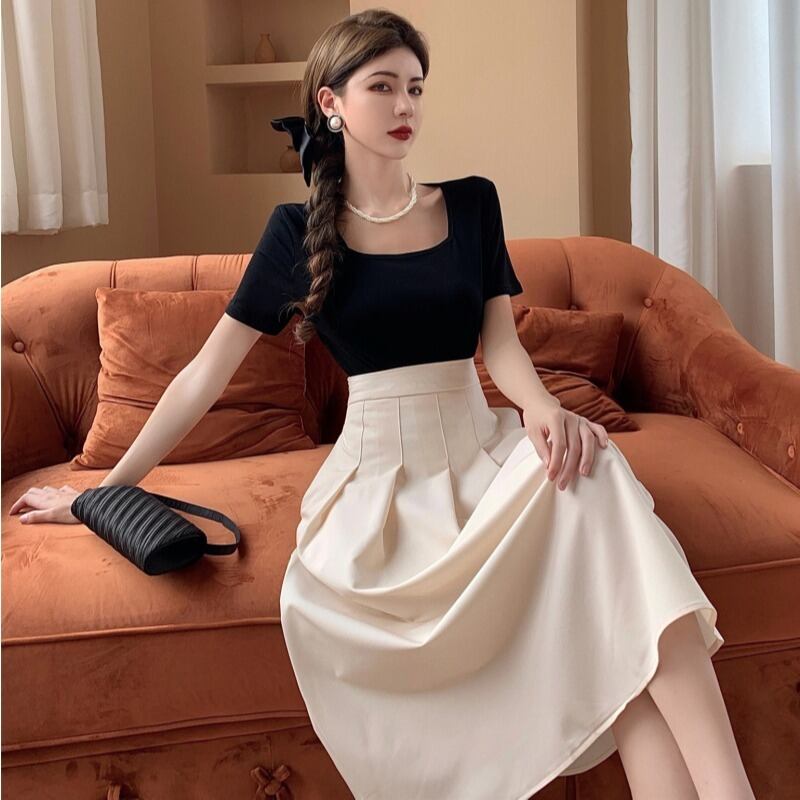 レッドサマースカート Tシャツ ハイウェストウェスト ストリート 大人ガーリー スウィート キュート カジュアル 夏物 ピュア 1号婦人67796410199