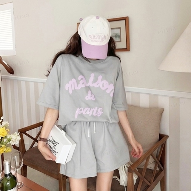 【予約】Y-5023　2026夏新作♡【上下セット】maison発泡プリント半袖Tシャツショートパンツセットアップ　グレージュ　0724